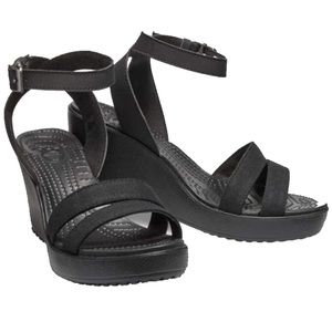 Crocs Women's Leigh Adjustable Ankle Strap Wedge Comfort Sandal Black Size 9